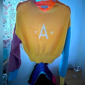 HOST & VAR Multicolor CROP SWEATER Top Brand Logo Embroidered Luxury Knit XS NWT